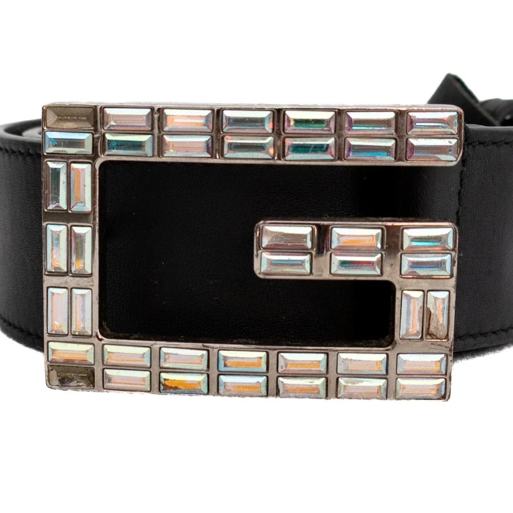 Gucci Women's Black Leather Square G Crystal Madelyn Buckle‎ Belt 90 CM SZ 80/32